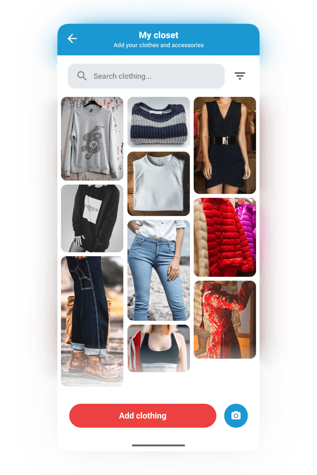 Cosplan closet with clothing and accessories in a Pinterest grid