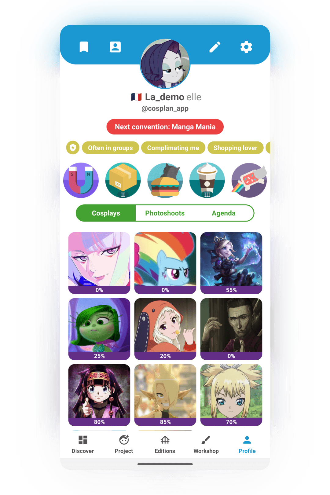 Cosplan user profile with cosplays grid and convention badge